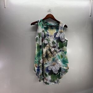 B.L.E.U. top Women's size MEDIUM sleeveless sheer floral glitter blouse